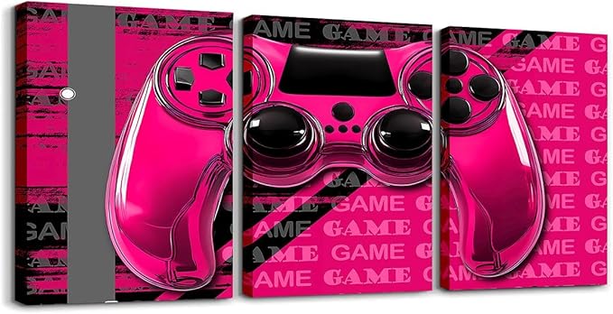 Feelyou Gamer Canvas Wall Art 12" x 16" 3 Piece Game Controller Office Wall Artwork Posters for Teens Adults Gaming Gifts Bathroom Wall Art for Home Gamepad RoseRed and Black Wall Painting