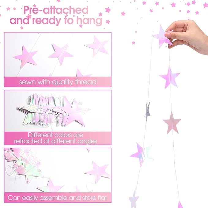 Patelai Glitter Star Garland Banner 2026 Graduation Decor 130 Feet Star Hanging Banner Twinkle Backdrop for Party Birthday Classroom Wedding Supplies(Iridescent Pink)