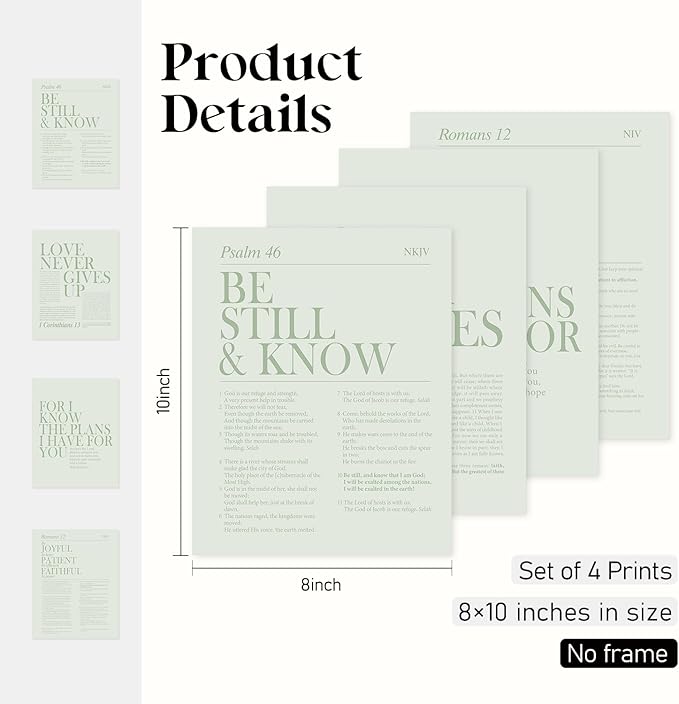 Locomiss Sage Green Christian Wall Art Decor, Modern Bible Verse Prints, Minimalist Jesus Scripture Wall Decor, Inspirational Bible Posters for Bedroom Office Living Room, Set of 4 (8x10 Unframed)