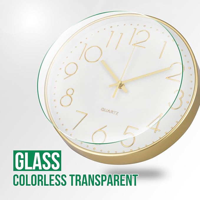 Wall Clock Non-Ticking Silent Modern Simple Style Round Decor Clock Stereoscopic Dial Quartz Wall Clocks for Home/Office/School/Living Room/Bedroom/Kitchen (Gold, 8inch)