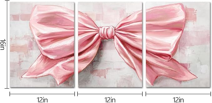 HOMEOART Bow Painting Canvas Print Bow Picture Bathroom Decor Bedroom Wall Decor 12x16inchx3Pieces Framed (Pink)