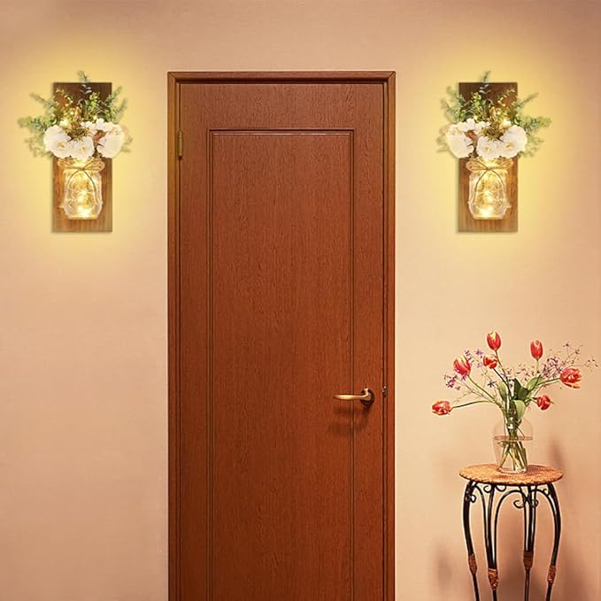 Rustic Wall Sconces Mason Jar Sconces Handmade Wall Art Hanging Design with Remote Control LED Fairy Lights and White Peony, Wall Decor Gift Farmhouse Wall Home Decor Living Room Lights Set of Two