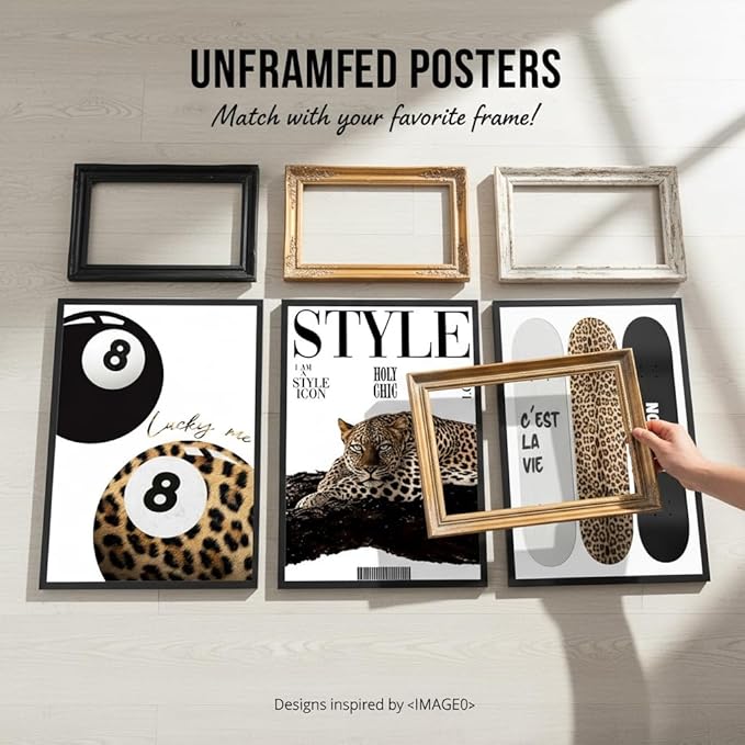3Pcs Trendy Leopard Wall Art Preppy Aesthetic Stylish Leopard Painting Picture Wall Decor Funky Lucky 8 Ball Cheetah Poster Print Artwork for Bedroom Living Room Bathroom Home Decoration Unframed