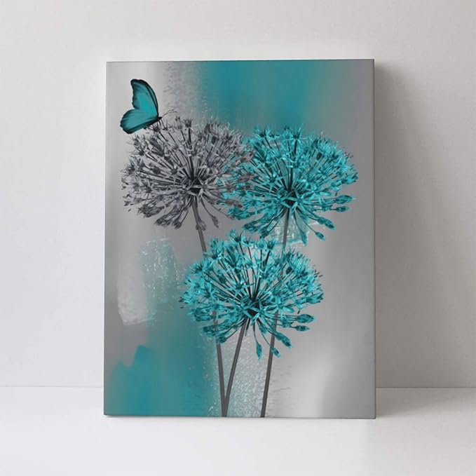 LB Dandelion Canvas Wall Art Teal Grey Dandelion with Butterfly on Abstract Background Wall Art Plant Wall Decor for Living Room Bedroom Bathroom Office Home Framed Ready to Hang 10L x 8W Inch