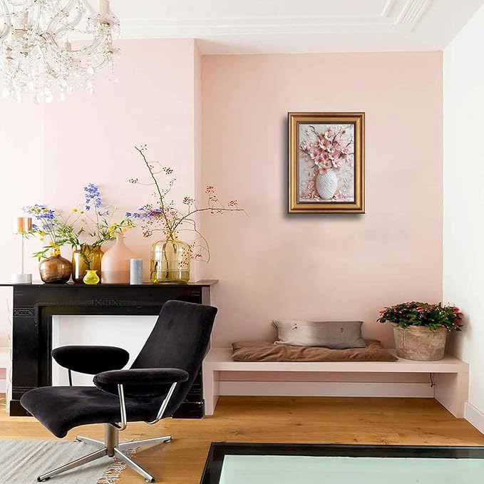 Gold Framed Pink Floral Canvas Wall Art 3D Texture Sakura Flower Botanical painting Decor Picture Cherry blossoms Poster Prints for Living Room Classroom Bedroom office corridor bathroom Decoration