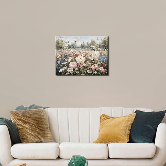 Vintage Flower Wall Art Pink Roses Wall Decor for Bathroom Farmhouse Landscape Canvas Prints Rustic Colorful Flower Pictures Wall Decor Wildflower Artwork Living Room Bedroom Home Decoration 12x16"