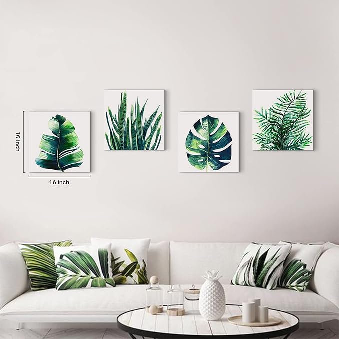 Tropical Plant Wall Art Boho Bathroom Decor Green Monstera Canvas Prints Bedroom Painting Botanical Posters for Kitchen Living Room Home Decorations Leaf Pictures Minimalist Artwork 16×16" 4Pcs/Set