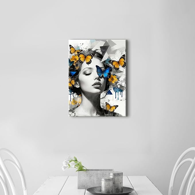 Abstract Butterfly Wall Art Women Pictures Wall Decor Modern Black and White Female Portrait Canvas Painting Blue Yellow Butterfly Wall Decor Aesthetic Prints Artwork for Living Room Bedroom 12x16"