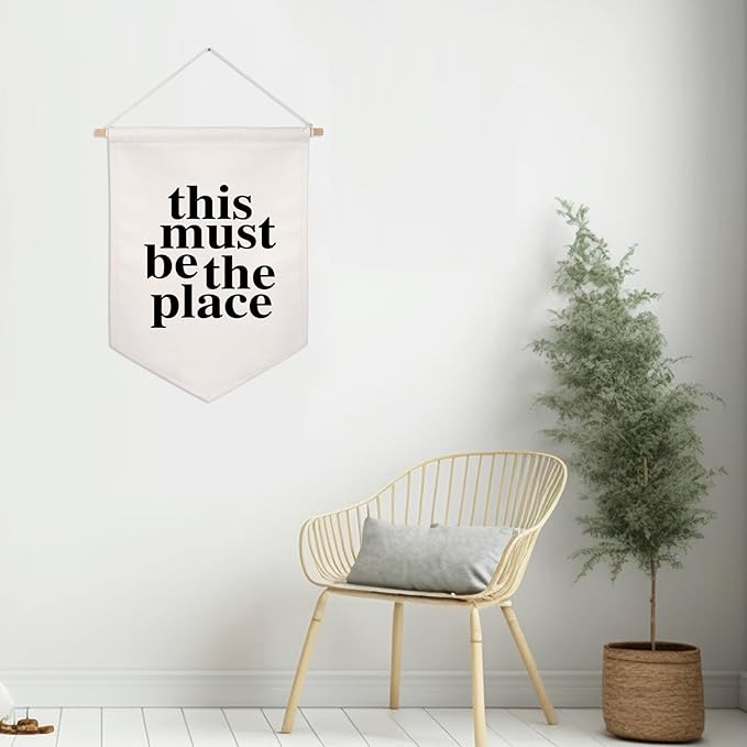 This Must Be The Place Wall Hanging, Linen Wall Art, Linen Wall Banner, Canvas Flag, Vintage Banner, Positive Thinking, Black and White, Minimalist Wall Decor, Vintage Flag for Home and Office Decor