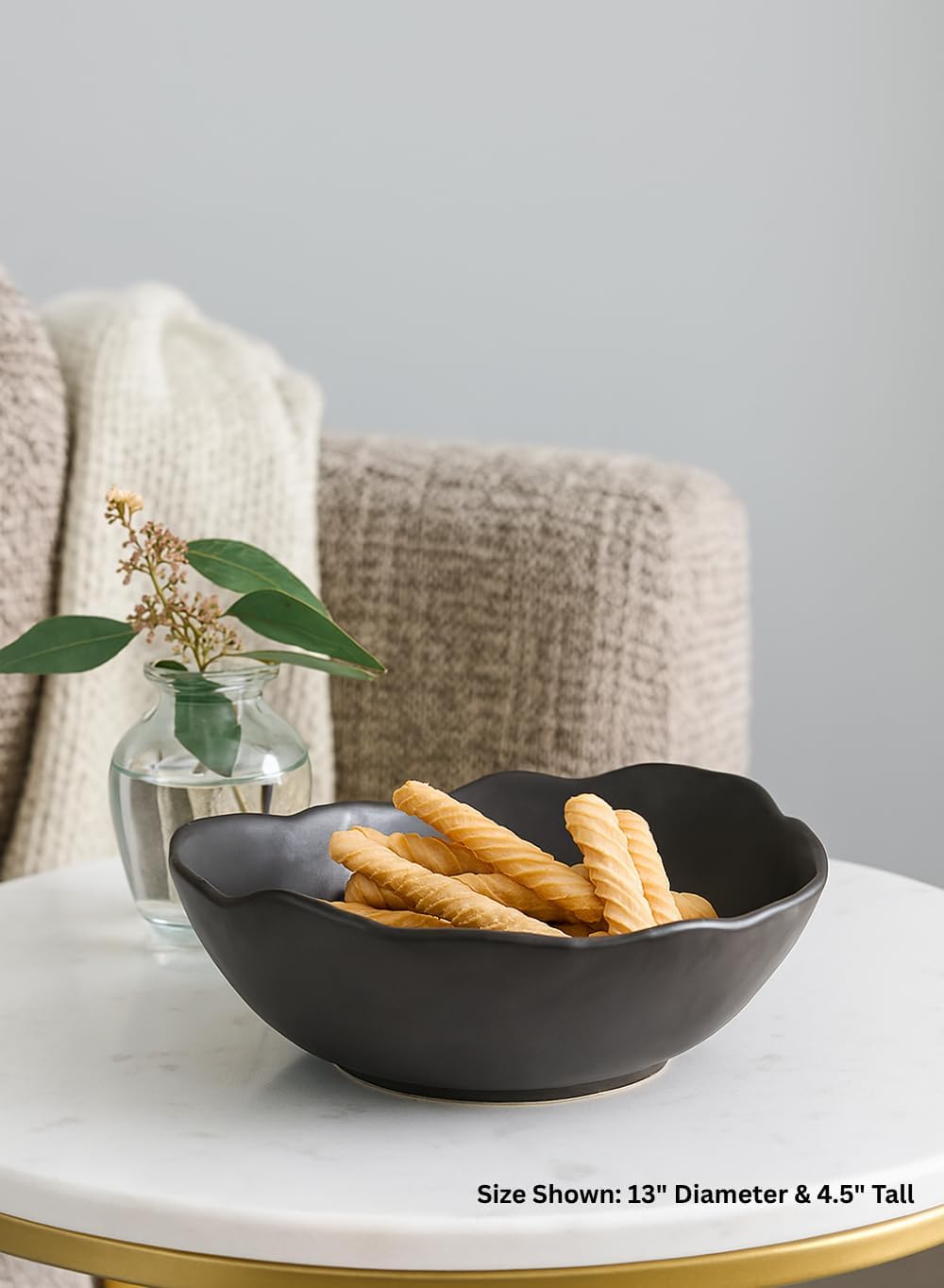 Serene Spaces Living Organic Wavy Rim Ceramic Bowl, Handcrafted Centerpiece for Table, Shelf or Kitchen, Home Décor Bowl, Minimalist Gift for Housewarming or Wedding, 13" Diameter & 4.5" Tall