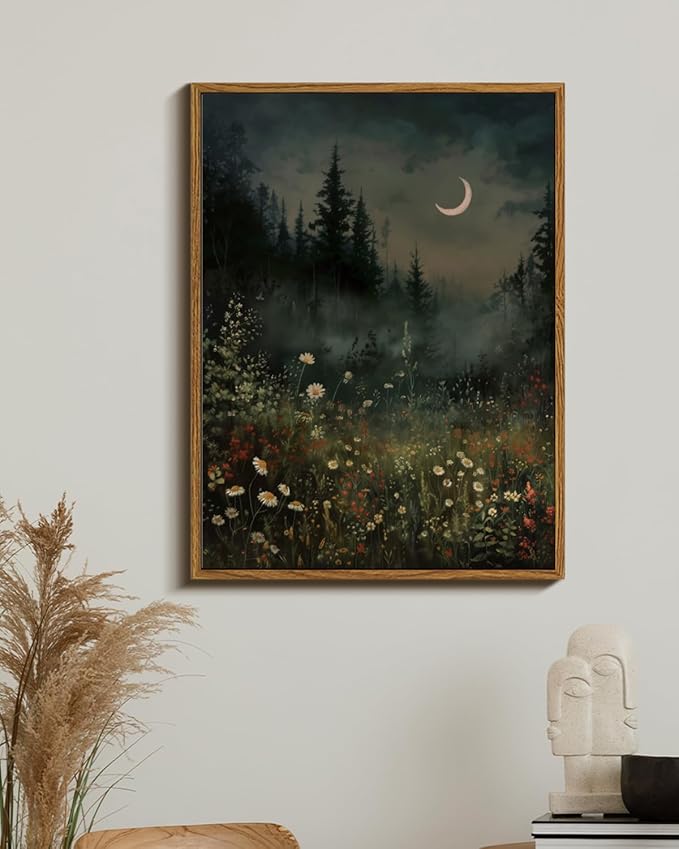 WHASAYART Moonlit Forest Wall Art 12x16 Framed Wildflower Meadow Canvas Print, Rustic Nature Night Landscape Artwork Moody Dark Crescent Moon Botanical Flowers Trees Art, Aesthetic Bedroom Home Decor