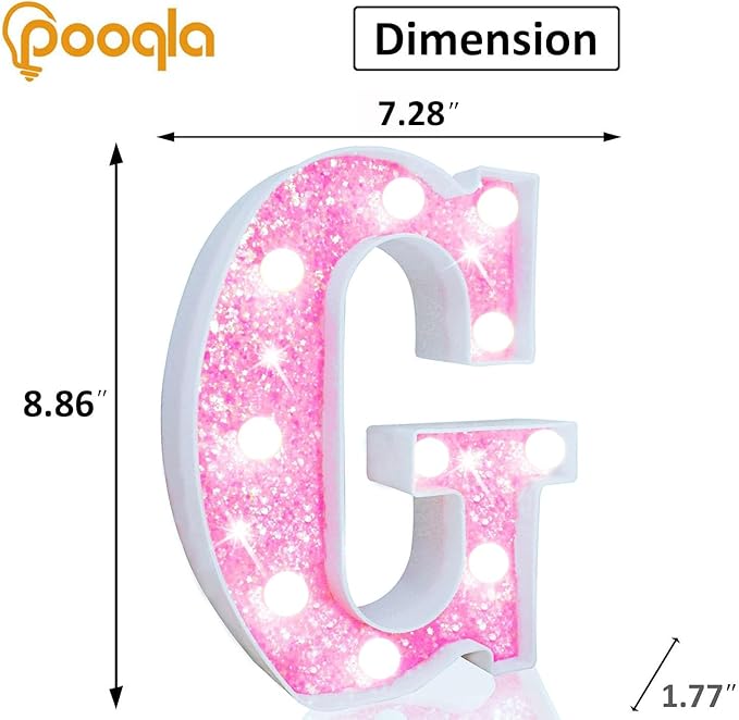 Pooqla LED Marquee Letter Lights, Light Up Letters Glitter Letter Sign Girls Gift, Battery Powered Night Light Pink Birthday Party Room Wedding Christmas Girls Bedroom Dorm Decoration, Cool White G