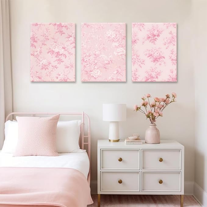LYPHNX Framed Pink Chinoiserie Flower Canvas Wall Art light Pink Love Shack Fancy Decor Paintings Posters Set of 3 Blush Pink Painting Pictures Home Decor for bedroom Living room Bathroom 16"x24"