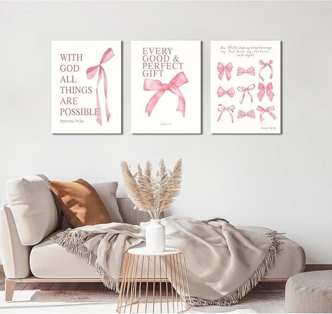 3 Pcs Coquette Pink Bow Canvas Wall Art Inspirational Bible Verses Bow Posters Wall Decor Pink Bow Room Pictures Prints Aesthetic for Girls Room Living Room Bedroom Bathroom Dorm 12x16 Inch Framed