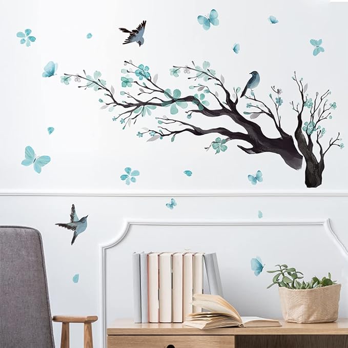 Watercolor Blue Flower Wall Stickers,Removable DIY Romantic Blossom Bird Tree Branch Wall Murals 3D Wall Art Stickers Home Decor for Gilrs Bedroom Nursery Rooms Living Room