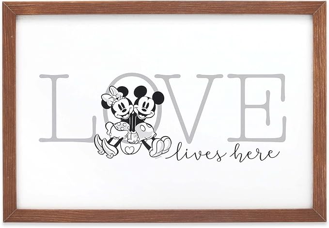 Disney Mickey and Minnie Love Lives Here Framed Wood Wall Decor - Classic Mickey Mouse Picture For Bedroom or Living Room
