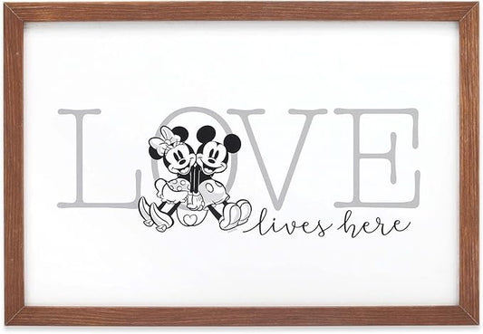 Disney Mickey and Minnie Love Lives Here Framed Wood Wall Decor - Classic Mickey Mouse Picture For Bedroom or Living Room