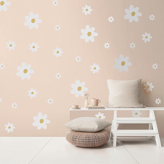 32 PCS Flower Wall Decals Peel and Stick, Daisy Wall Decor for Girls Bedroom, Pure White Daisy