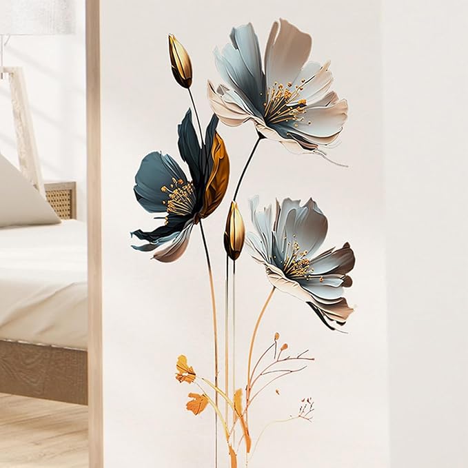 Gold Wall Decals 3D Flower Wall Sticker, Classical Plum Blossom Flower Decals Peel and Stick 3D Wall Art Murals for Girls Bedroom Nursery Living Room TV Home Decor