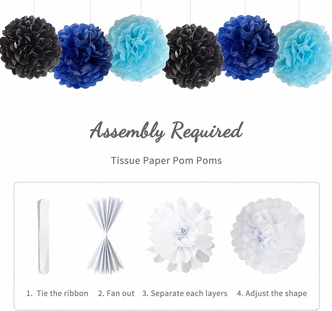 ANSOMO Blue and Black Happy Birthday Party Decorations for Boys Men Banner Balloons Navy Royal Light Blue Pom Poms Foil Curtain Décor Supplies 13th 16th 18th 20th 30th 40th 50th 60th 70th 80th
