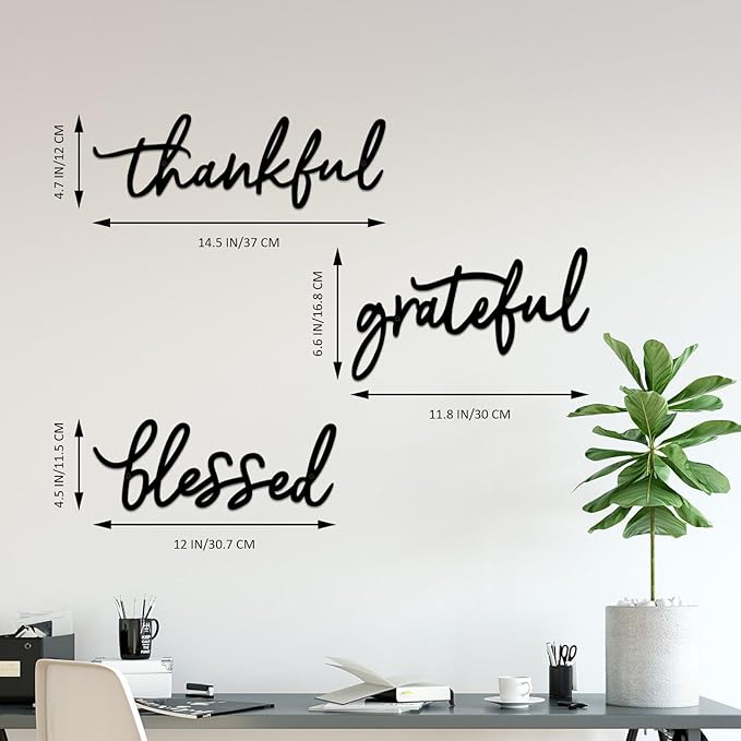 Thankful Grateful Blessed Letter Sign Metal Wall Decor, 3 Piece Black Letters Wall Art for Bathroom Bedroom Metal Words Wall Decor for Home Decor