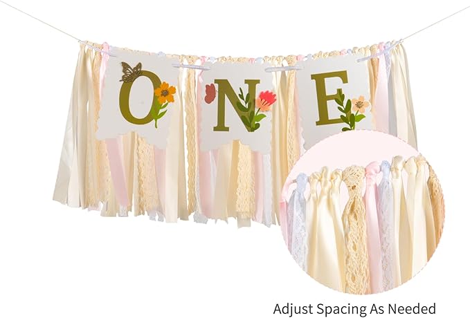 Blossom High Chair Banner with Flower & Butterfly- Floral "ONE" First Birthday Decor for Baby Girls, Little Fairy 1st Highchair Garland, Cake Smash Photo Prop