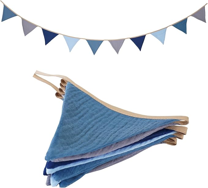 Garland Triangle Banners Blue and Grey, Pennant Banner Bunting Flags Fabric for Baby Shower Birthday Party Decorations Nursery Playroom Decor(Blue grey)