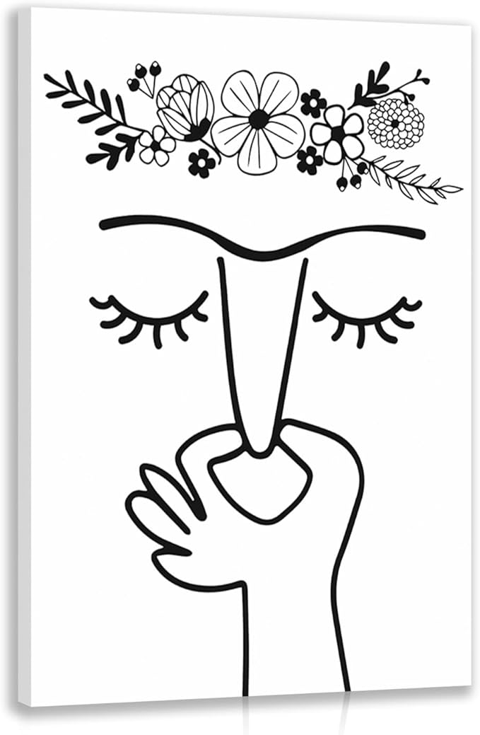 IAFWZX Framed Funny Bathroom Wall Art, Black and White Humor Toilet Wall Decor, Minimalist Face Line with Flower Crown Canvas Painting, Modern Abstract Poster Print for Restroom Bedroom 16"x24"