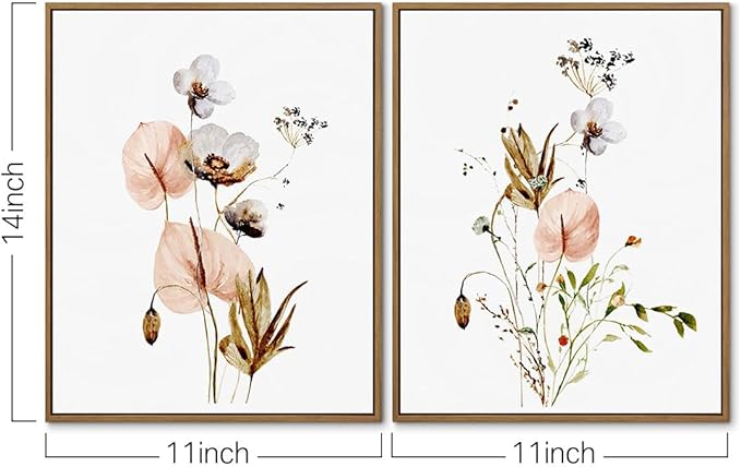 Set of 2 Watercolor Botanical Plant Picture Pink White Flower Canvas Wall Art Colorful Wildflower Poster Minimalist Floral Wall Decor Framed for Bedroom Living Room Home Office Decoration, 11x14 Inch