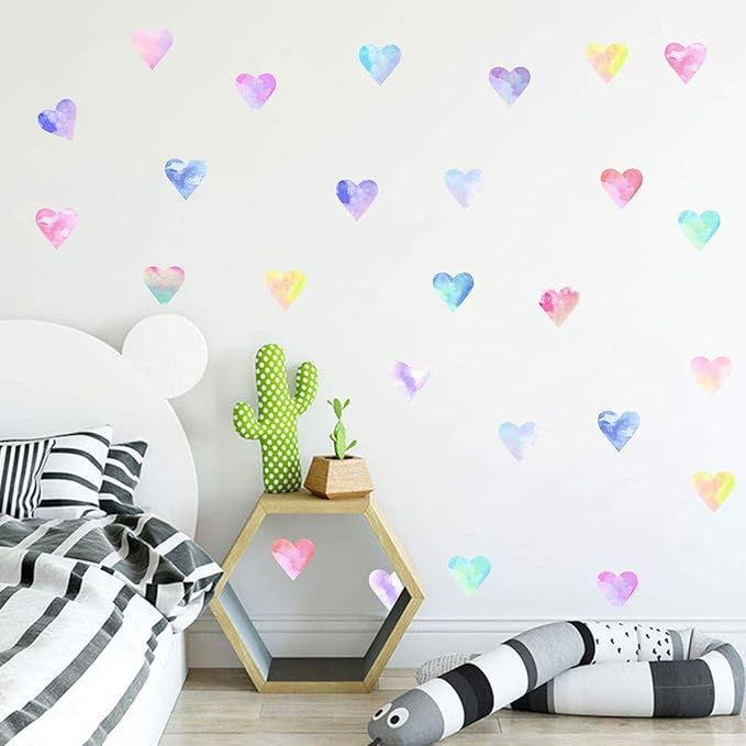 Colorful Heart Wall Decals Watercolor Hearts Wall Stickers Heart Wall Decals for Girls Bedroom Nursery Kids Room Decor