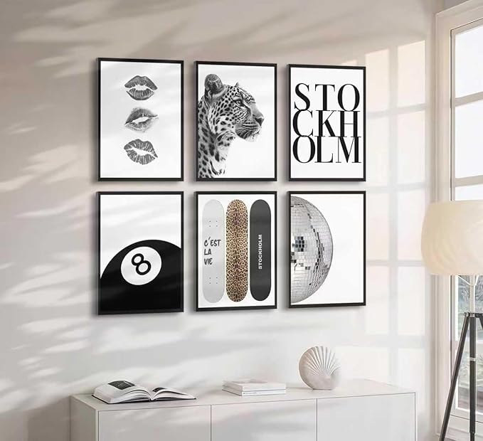 Fashion Trendy Leopard Wall Art Set of 6 Stockholm Preppy Room Painting Picture Wall Decor Black White Aesthetic Cheetah Poster Print Artwork for Girls Bedroom Dorm Apartment Home Decoration Unframed