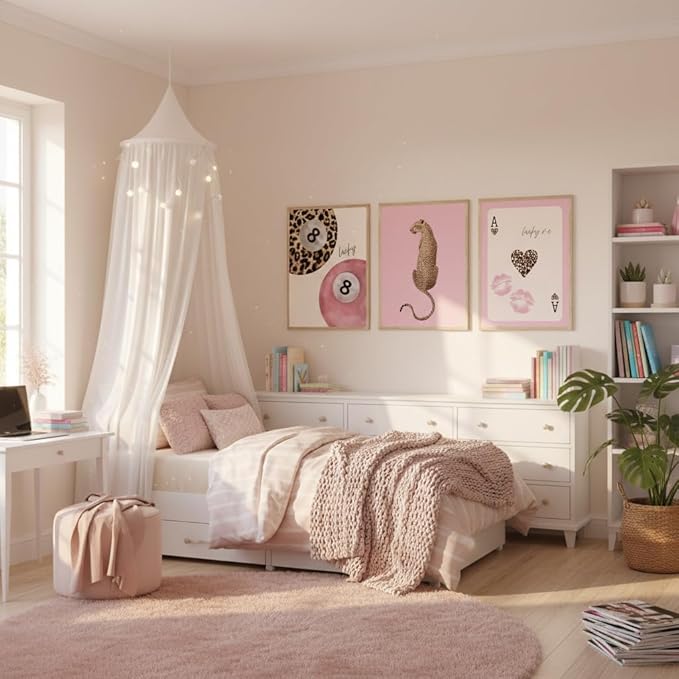 3 Pcs Trendy Pink Preppy Leopard Wall Art Lucky 8 Ball Playing Card Painting Picture Wall Decor Pink Coquette Funky Cheetah Poster Print Artwork for Girls Bedroom Living Room Apartment Home Decoration