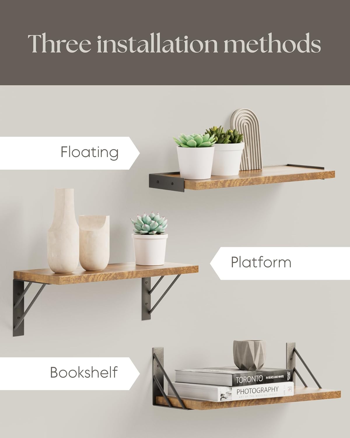 BAYKA Wall Shelves for Bedroom Decor, Floating Wall Shelves for Living Room Kitchen Storage, Wall Mounted Rustic Wood Floating Shelves for Kids Books,Corner Shelves for Bathroom(Set of 3)