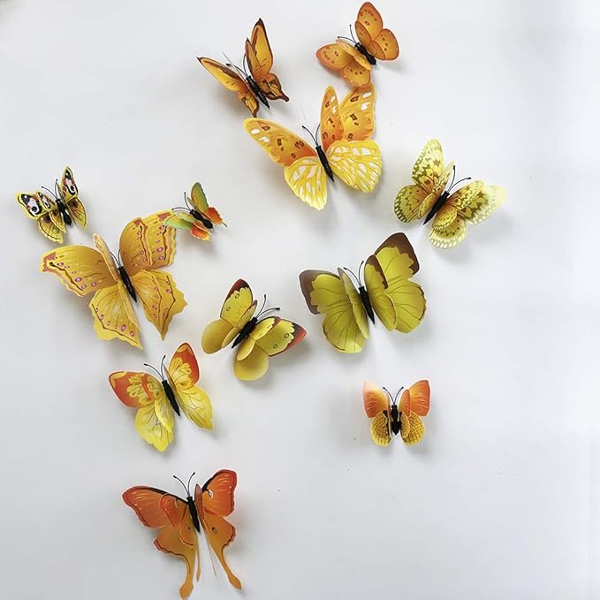 24pcs 3D Colorful Butterfly Wall Stickers DIY Art Decor Crafts for Party Nursery Classroom Offices Kids Girl Boy Baby Bedroom Bathroom Living Room Magnets and Glue Sticker Set (Yellow-Double Wing)