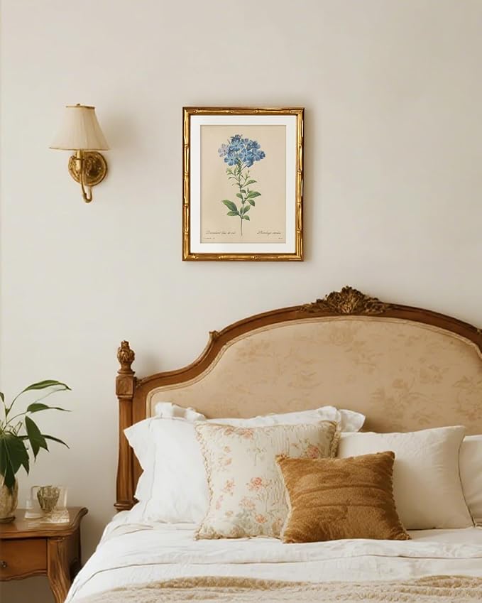 InSimSea Gold Bamboo Framed Canvas Wall Art, Vintage Minimalist Blue Botanical Prints, Antique Picture Frame with Mat, Victorian Home Wall Decor for Kitchen Dining Living Room Bedroom, 11x14inch
