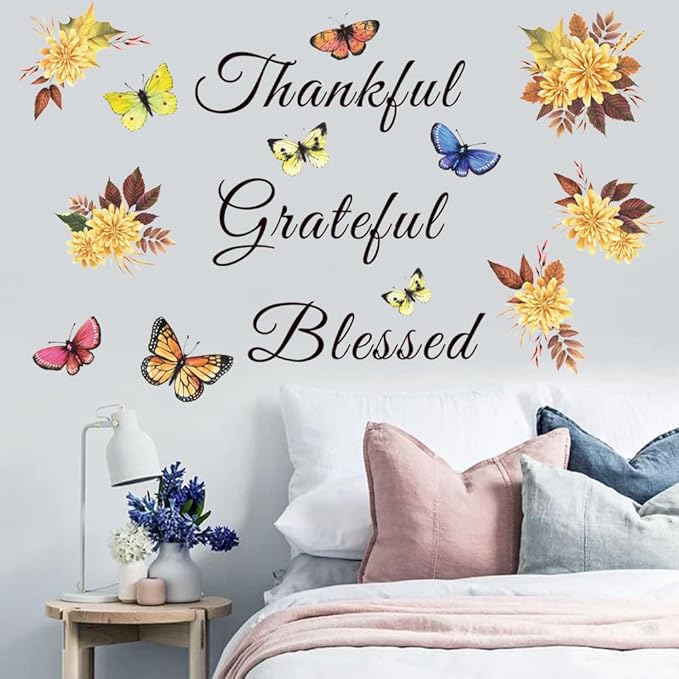 Inspirational Wall Decal Quote Grateful Thankful Blessed Wall Decor Removable Peel and Sticker Vinyl Wall Paper Wall Sticker for Kitchen Dining Room Living Room Bedroom.
