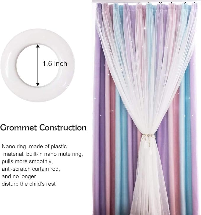 UNISTAR 2 Panels Star Blackout Curtains for Kids Girls Bedroom Aesthetic Living Room Colorful Double Layer Cut Out Stripe Pink and Purple Rainbow Window Home Decoration Curtain W42 x L63 Inches