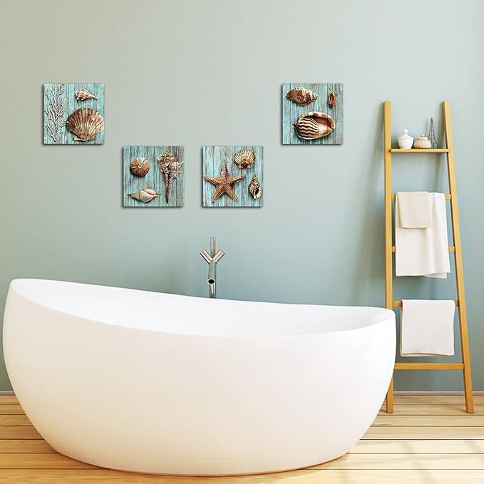 YOOOAHU Seashell Wall Art Vintage Coastal Wall Decor Nautical Bathroom Decor Rustic Beach Theme Pictures Teal Blue Ocean Starfish Canvas Paintings Posters Beachy Artwork Home Decorations 12x12 4 Pcs