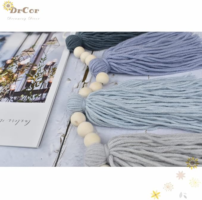 DrCor Coastal Boho Dusty Blue Tassel Garland – Handmade Yarn Banner for Nursery, Classroom, Kids Room, Baby Shower, Spring Party & Blue Boho Wall Decor