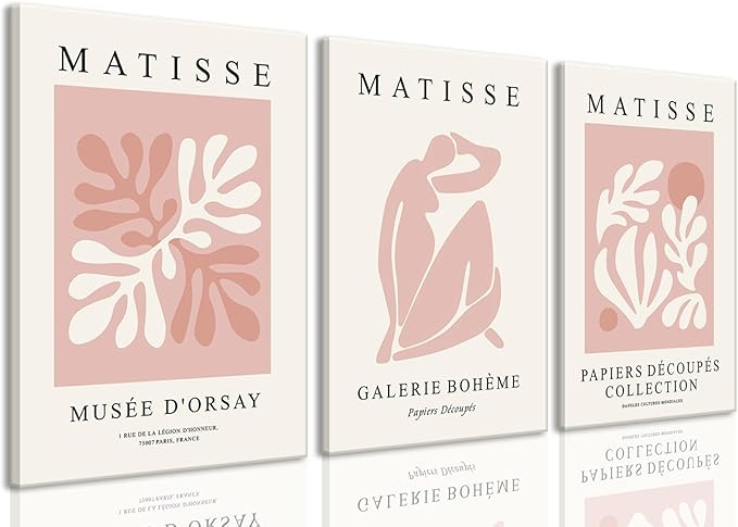 Djmwtb Matisse Abstract Canvas Wall Art Framed Set of 3 Pink Flower Market Poster Prints Modern Aesthetic Pictures Minimalist Wall Decor Painting for Living Room Bedroom Bathroom 16"x24"x3