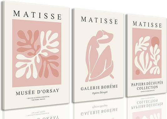 Djmwtb Matisse Abstract Canvas Wall Art Framed Set of 3 Pink Flower Market Poster Prints Modern Aesthetic Pictures Minimalist Wall Decor Painting for Living Room Bedroom Bathroom 12"x16"x3