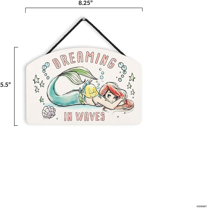 Disney The Little Mermaid Ariel Dreaming in Waves Hanging Wood Wall Decor - Fun Ariel Sign for Bedroom or Play Room