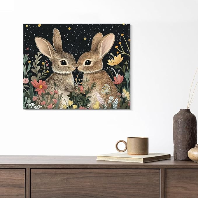 Aesthetic Rabbits Wall Art Decor Dark Witchy Rabbit Moon Celestial Canvas Print Poster Floral Framed Painting for Home Living Bedroom Decor 8x10 Inch