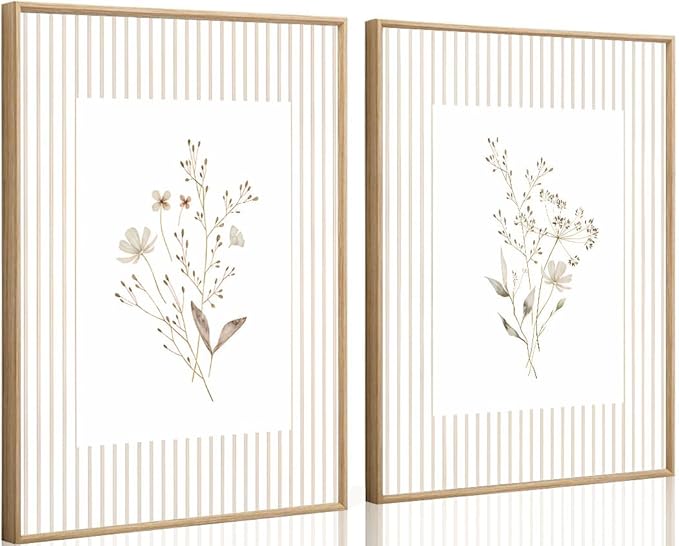 2Pcs Neutral Wildflower Wall Art Vintage Floral Botanical Canvas Wall Decor Watercolor Striped Boho Flower Bouquet Pictures Prints Posters for Bedroom Farmhouse Wall Decor 16X24 Inch Unframed