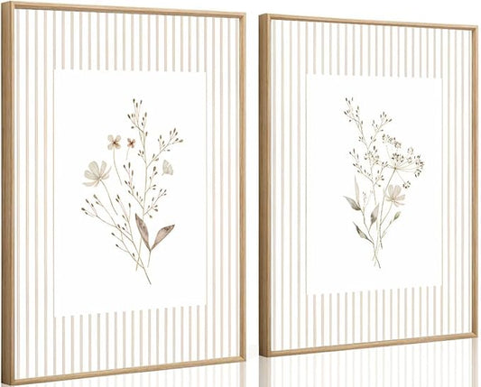 LYVTEU 2Pcs Neutral Wildflower Wall Art Vintage Floral Botanical Canvas Wall Decor Watercolor Striped Boho Flower Bouquet Pictures Prints Posters for Bedroom Farmhouse Wall Decor 12X16 Inch Unframed
