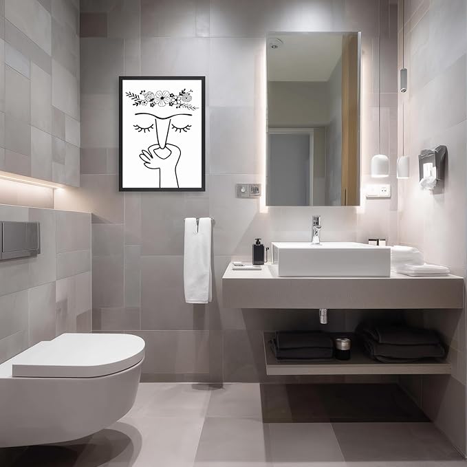 IAFWZX Wood Framed Funny Bathroom Wall Art, Black and White Humor Toilet Wall Decor, Minimalist Face Line with Flower Crown Canvas Painting, Modern Abstract Poster Print for Restroom Bedroom 16"x24"