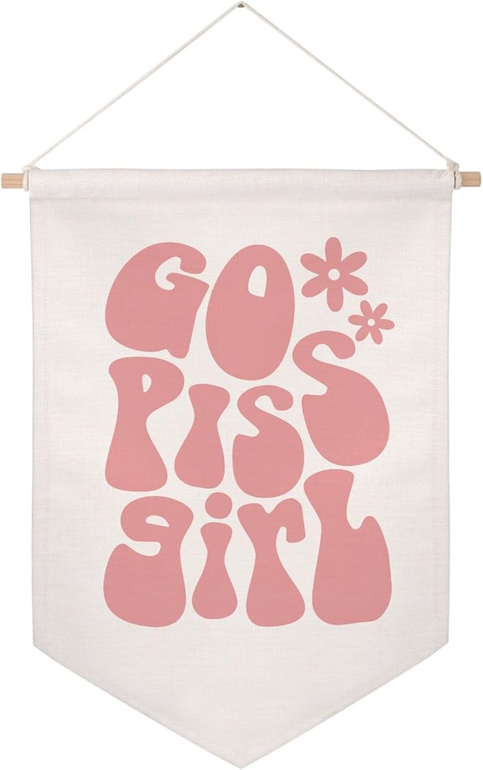 Go Piss Girl Wall Hanging Banner Trendy Wall Art Funny Cute Gift Idea Apartment Decor Pink Bathroom Decor Aesthetic Room Decoration Funny Retro Wall Banner Dorm Room Decor Preppy Girl Wall Art