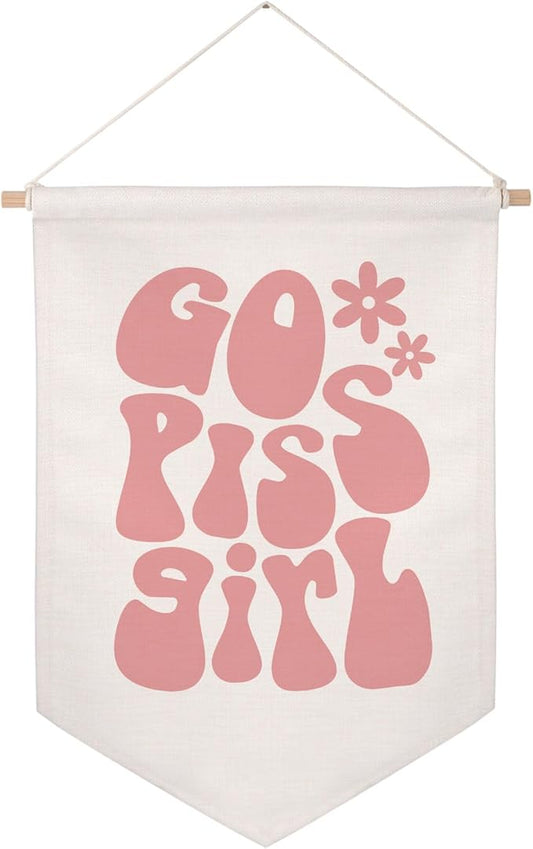 Go Piss Girl Wall Hanging Banner Trendy Wall Art Funny Cute Gift Idea Apartment Decor Pink Bathroom Decor Aesthetic Room Decoration Funny Retro Wall Banner Dorm Room Decor Preppy Girl Wall Art