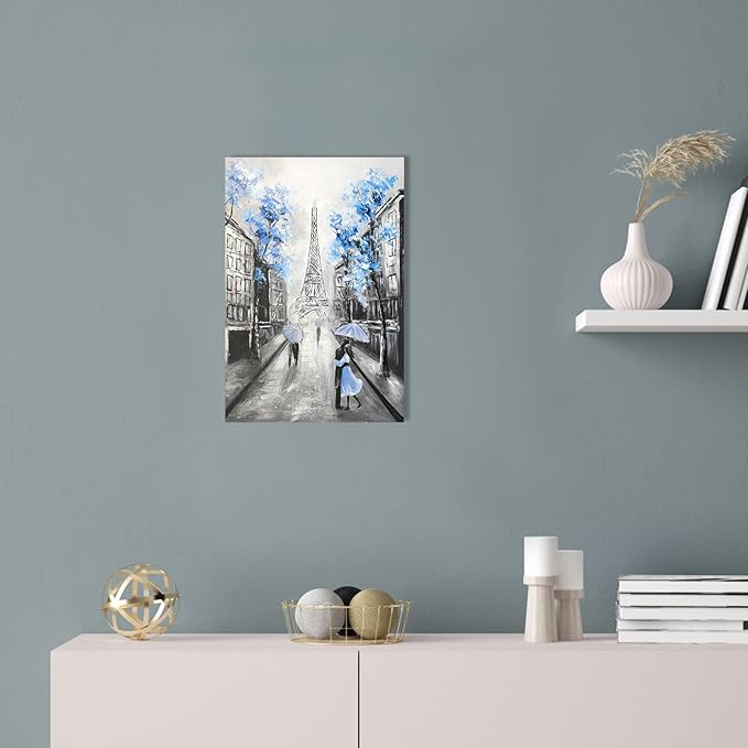 YPY Blue Floral Paris Canvas Wall Art: Black White Eiffel Tower Picture for Living Room Decor, Grey Hand Painted Textured Oil Painting Large Modern Artwork Home Decoration 12" x 17"