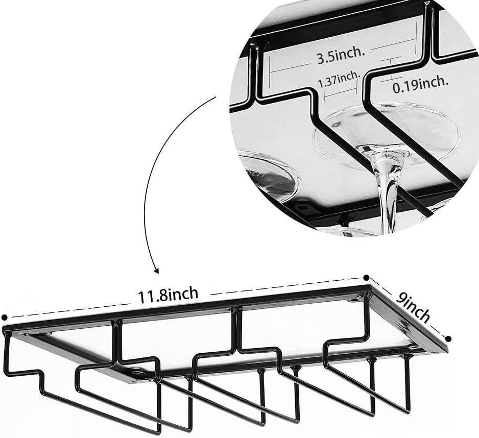Wine Glass Rack - Under Cabinet Stemware Wine Glass Holder Glasses Storage Hanger Metal Organizer for Bar Kitchen Black